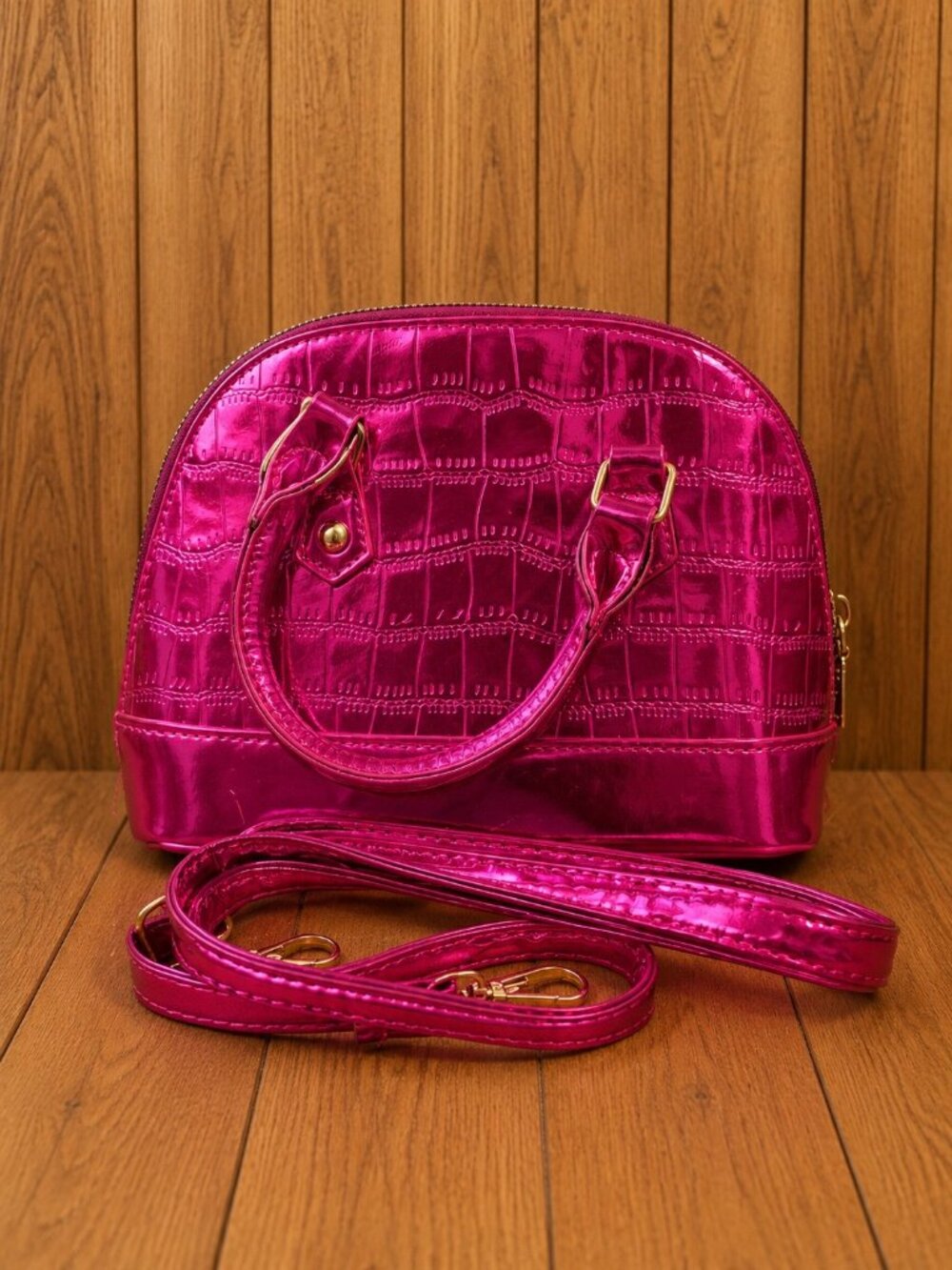 Small Metallic hot pink crocodile-textured dome handbag featuring dual handle